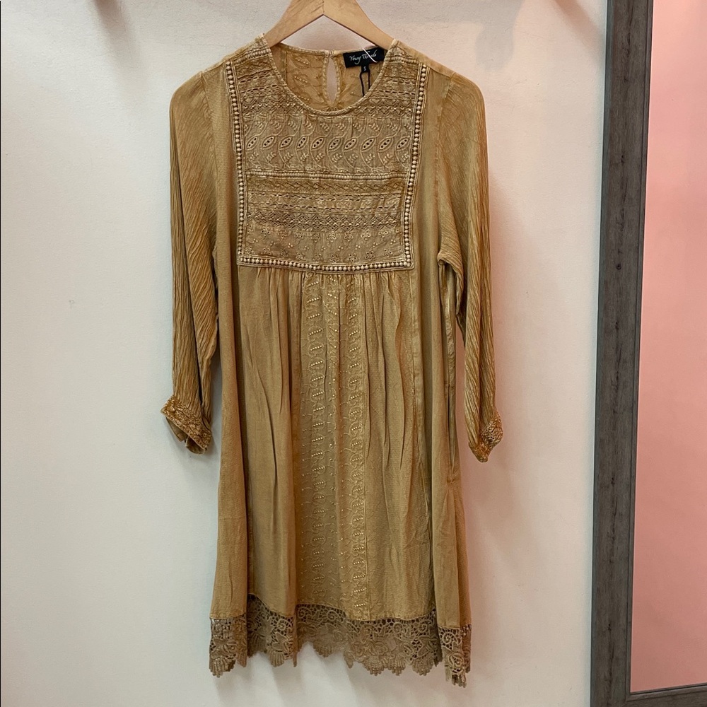 Elegant Lace Trim Tan Dress